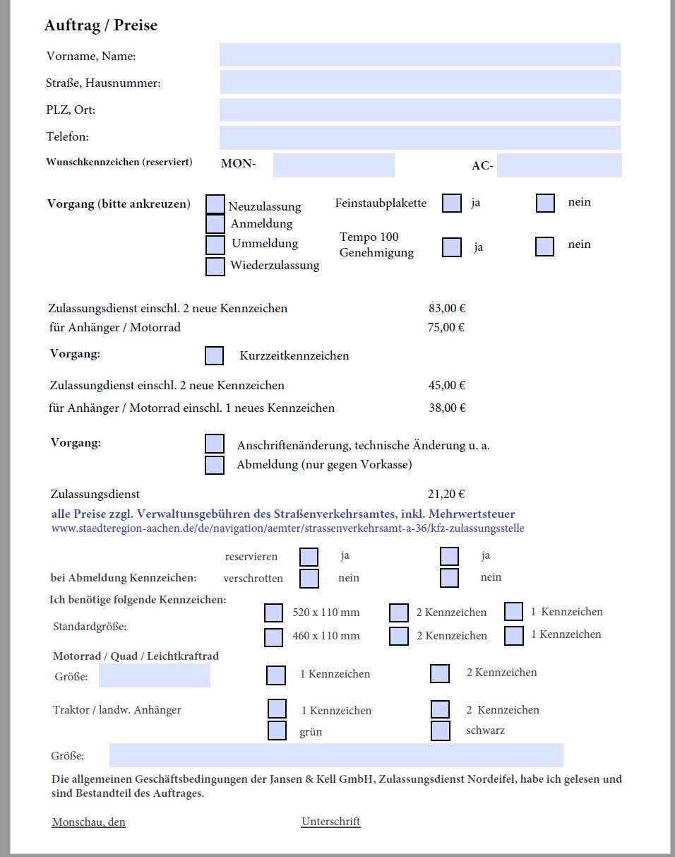 Formular Auftrag