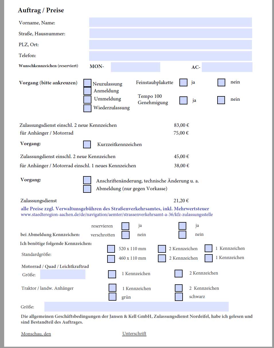 Formular Auftrag